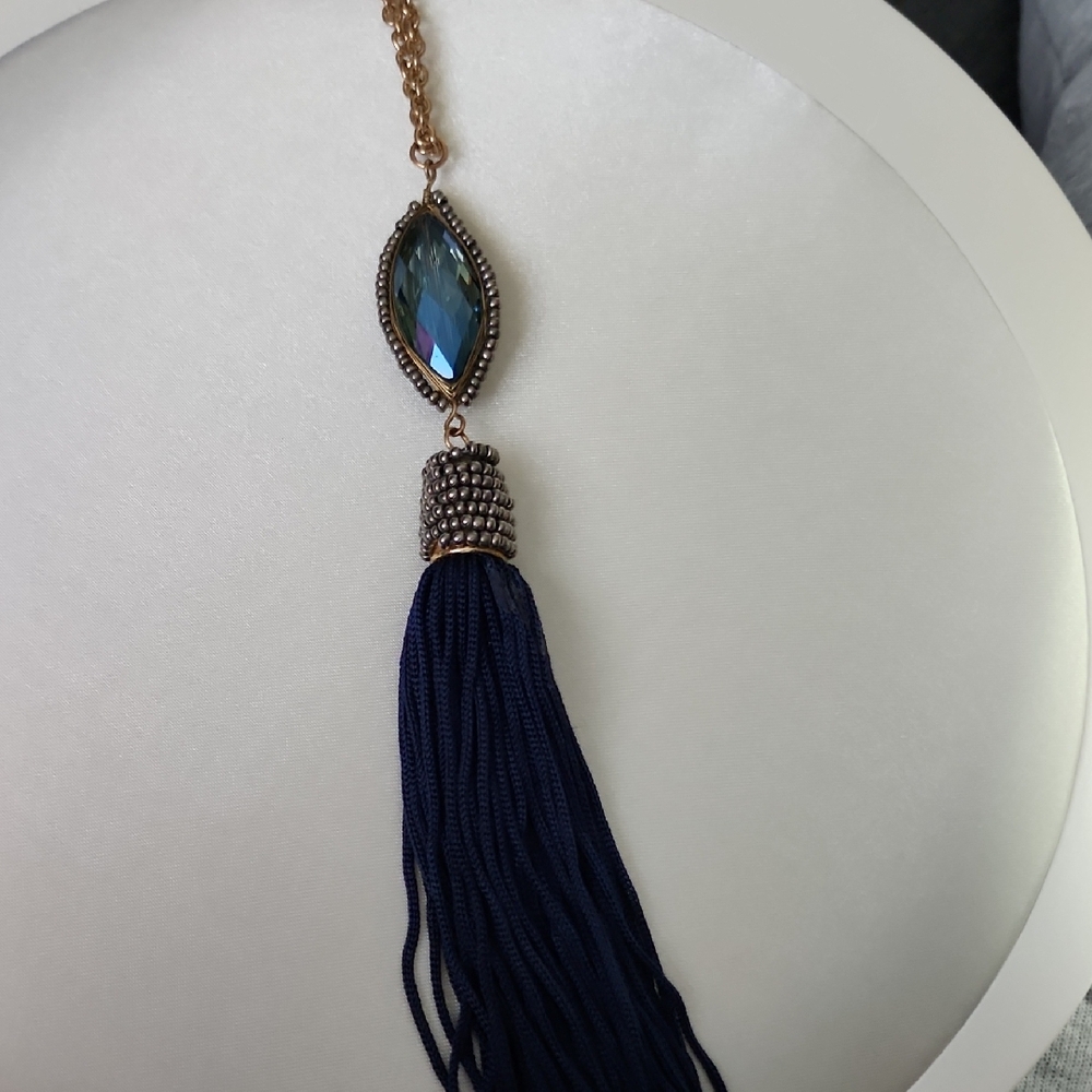 Aurora Borealis  Gemstone Tassel necklace Extra long Chain 28 inch chain